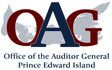 The initials of the office superimposed on a grey silhouette of Prince Edward Island.